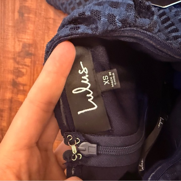 Lulu Off the Charts Navy Blue Grid Print Mesh One-Shoulder Jumpsuit - Picture 9 of 9